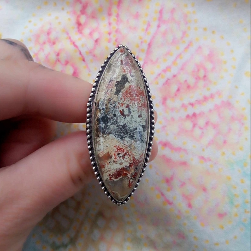 ❤ Southwestern Plume Agate Sterling Silver Statement Ring 925! Sz 5!